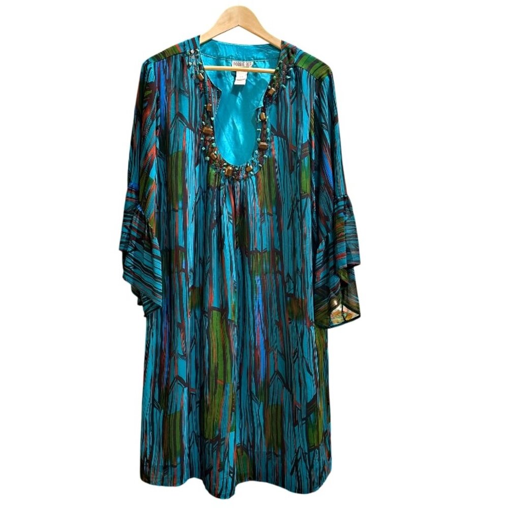 ROBBIE BEE Woman Shift MIDI Dress Size 22W Bell Sleeves Bohemian Art to Wear